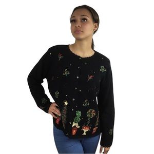 Embellished Black Christmas Tree Cardigan VTG